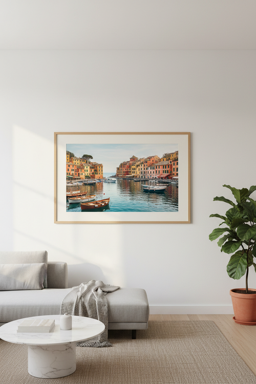 Portofino Through Time fine art print displayed in an elegant living room